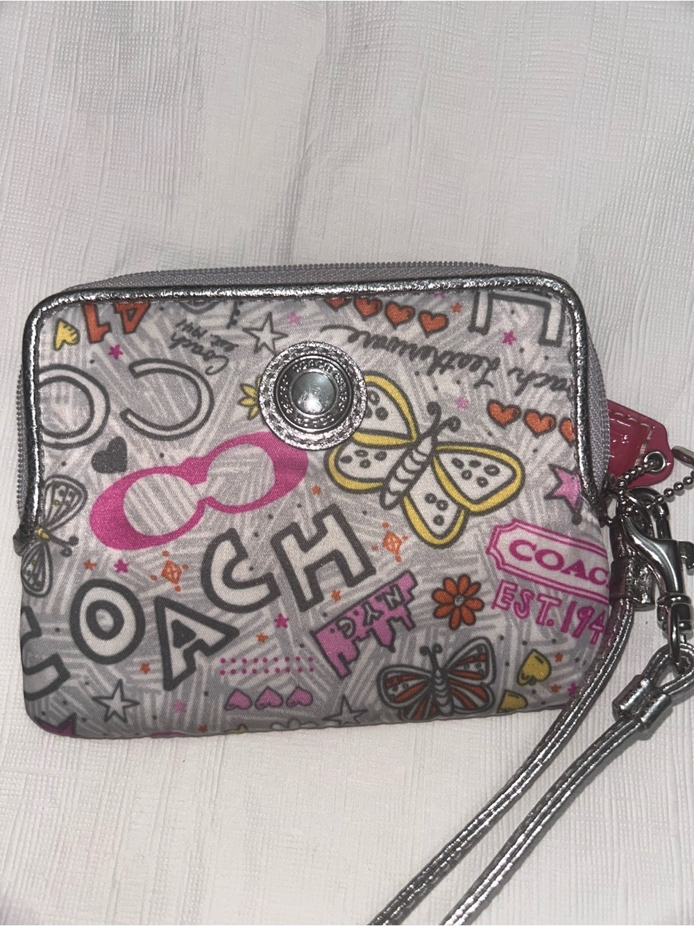 COACH Pink, Yellow & Silver Graffiti Wristlet